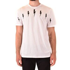 Neil Barrett White T-Shirt With Black Lightning Bolt Motifs - NWT